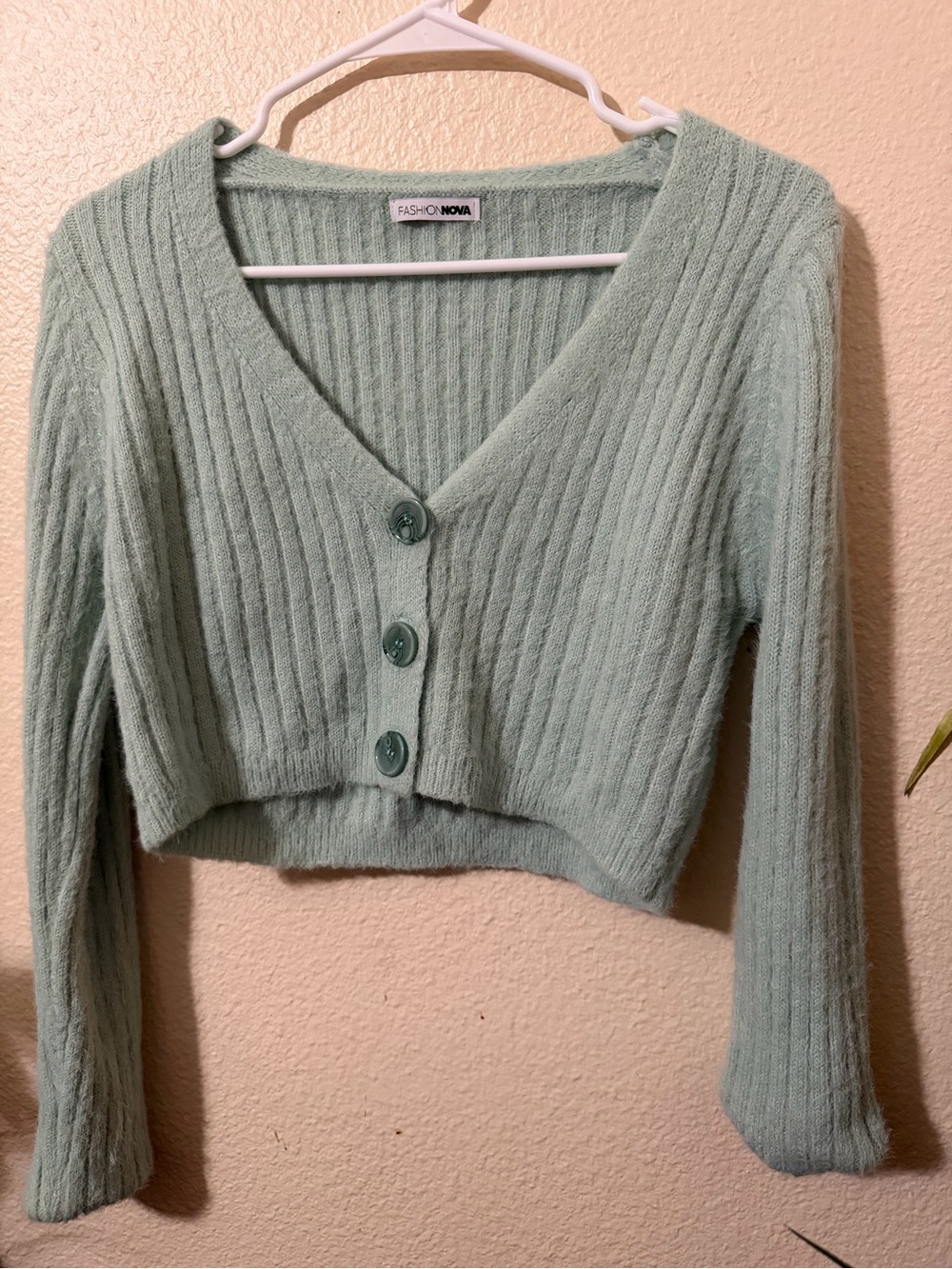 Fashion Nova Mint Green Ribbed V-Neck Cropped Cardigan